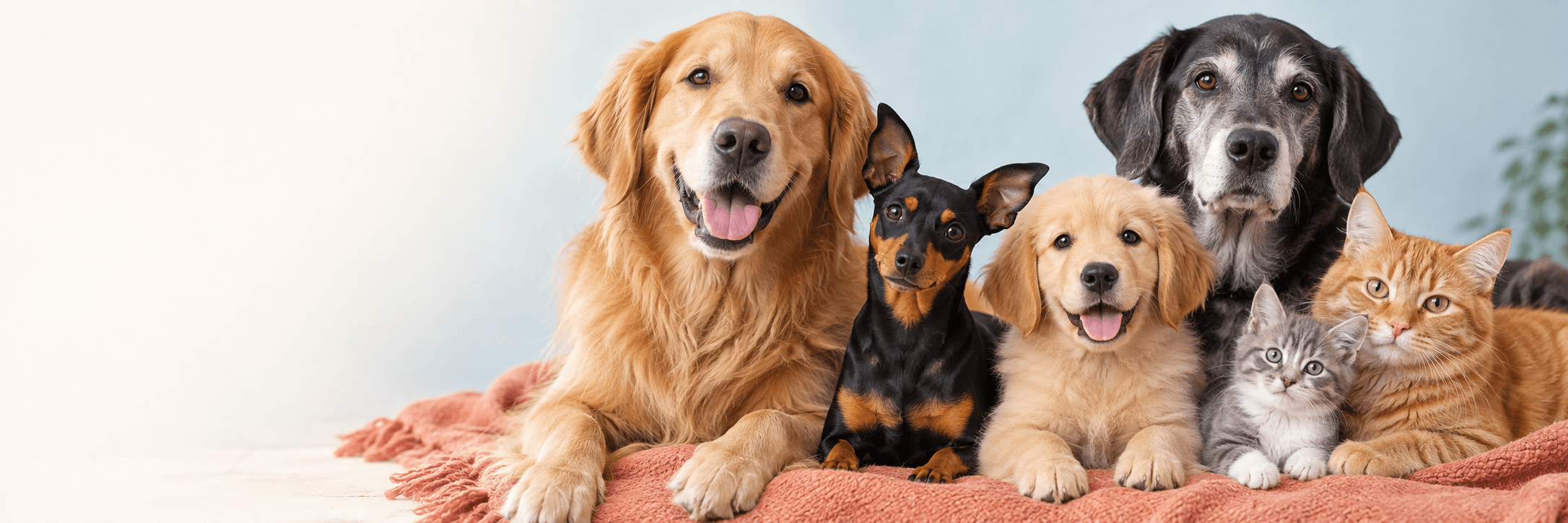 Un golden, un pinscher, un cachorro, un perro mayor y dos gatos juntos; imagen creada para Mivuna